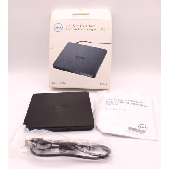 Dell Slim DVD +/- RW Drive Compact USB DW316 Setup CD Manual Cords New Open Box - Picture 1 of 10